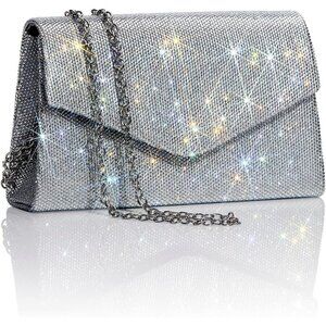 🆕Women's Silver Glitter Rhinestone Clutch Evening Bag PU Leather Prom Wedding